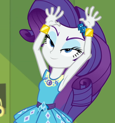 Size: 1006x1080 | Tagged: safe, derpibooru import, screencap, rarity, better together, equestria girls, holidays unwrapped, armpits, arms in the air, bracelet, canterlot high, cropped, eyeshadow, female, geode of shielding, hallway, jewelry, lidded eyes, lockers, magical geodes, makeup, o come all ye squashful, pencil skirt