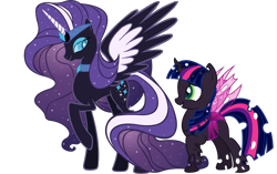 Size: 1500x942 | Tagged: safe, derpibooru import, edit, idw, nightmare rarity, twilight sparkle, alicorn, changeling, alicornified, alternate design, changelingified, female, lesbian, nightmare raricorn, nightmare rarilight, purple changeling, race swap, shipping, simple background, species swap, spread wings, transparent background, vector, vector edit, wings