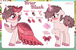 Size: 1500x998 | Tagged: safe, artist:jennieoo, derpibooru import, oc, oc only, oc:brier blush, butterfly, unicorn, clothes, dress, female, gala, gala dress, magic, mare, reference, reference sheet, royal gala, shy, solo, sparkles