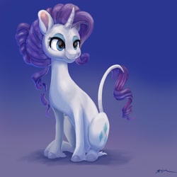 Size: 2048x2048 | Tagged: safe, artist:catscratchpaper, derpibooru import, rarity, classical unicorn, pony, unicorn, alternate hairstyle, blue background, cloven hooves, female, gradient background, leonine tail, looking at you, mare, simple background, sitting, smiling, unshorn fetlocks