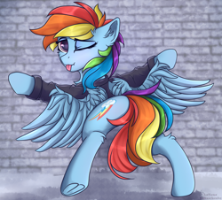 Size: 4200x3800 | Tagged: safe, artist:lakunae, derpibooru import, rainbow dash, pegasus, pony, against wall, clothes, female, jacket, looking at you, looking back, looking back at you, mare, one eye closed, ouch, rainbow crash, rear view, tongue out