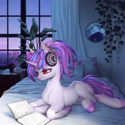 Size: 1200x1200 | Tagged: safe, artist:lunarlacepony, derpibooru import, oc, oc only, oc:purpleflare, pony, unicorn, bed, blank flank, book, ear fluff, headphones, indoors, music, plant, reading, window