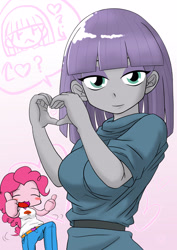 Size: 2894x4093 | Tagged: safe, artist:batipin, derpibooru import, maud pie, pinkie pie, equestria girls, blushing, breasts, camp everfree outfits, cute, diapinkes, duo, eyes closed, female, heart, heart hands, looking at you, maud pies, open mouth, pictogram, pie sisters, pinkie pies, siblings, sisters, smiling, speech bubble, thumbs up, when she smiles