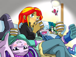 Size: 2224x1668 | Tagged: safe, artist:batipin, derpibooru import, juniper montage, pinkie pie, starlight glimmer, sunset shimmer, trixie, wallflower blush, equestria girls, alcohol, beer, blushing, breasts, cellphone, drinking, drunk, drunk trixie, drunker glimmer, drunker shimmer, female, grin, looking at you, lying down, magical trio, phone, smartphone, smiling, sofa, starlight jiggler, the great and alcoholics trixie