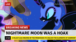 Size: 1280x720 | Tagged: safe, derpibooru import, edit, edited screencap, screencap, nightmare moon, alicorn, pony, break your own news, conspiracy theory, op is a cuck