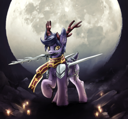 Size: 1191x1113 | Tagged: safe, artist:ampderg, derpibooru import, oc, oc:oyama, deer, clothes, dungeons and dragons, moon, pen and paper rpg, rpg, scarf, sword, weapon