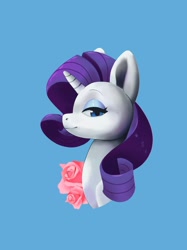 Size: 1024x1366 | Tagged: safe, artist:kusoazi, derpibooru import, rarity, pony, unicorn, blue background, bust, female, flower, looking at you, mare, portrait, profile, rose, simple background, solo