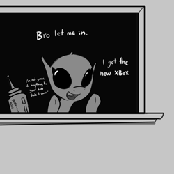 Size: 3000x3000 | Tagged: safe, artist:tjpones, derpibooru import, oc, oc only, alien, alien pony, original species, ayy lmao, blatant lies, dude let me in, grayscale, monochrome, probe, solo, this will end in probing, window