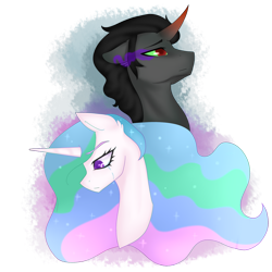 Size: 1024x1024 | Tagged: safe, artist:thecreativerey, derpibooru import, king sombra, princess celestia, alicorn, pony, unicorn, bad end, celestibra, colored horn, crying, curved horn, female, horn, male, sad, shipping, simple background, sombra eyes, sombra horn, straight, transparent background