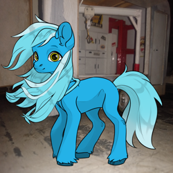 Size: 1024x1024 | Tagged: safe, derpibooru import, oc, oc:bleu cheese, crane, everfree customs, female, mare, not trixie, trailer, unshorn fetlocks, workbench