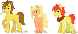 Size: 3677x1630 | Tagged: safe, artist:felicity-star, derpibooru import, oc, oc only, oc:apple ace, oc:buckwild, oc:honeycrisp, pony, cowboy hat, hat, next generation, offspring, parent:applejack, parent:braeburn, parents:braejack, product of incest, siblings, signature, simple background, straw in mouth, transparent background, yoke