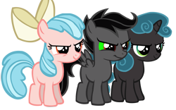 Size: 9467x5899 | Tagged: safe, artist:goldenheart4, derpibooru import, apple bloom, cozy glow, king sombra, queen chrysalis, scootaloo, sweetie belle, changeling, changeling queen, earth pony, pegasus, pony, unicorn, apple bloom's bow, bow, cutie mark crusaders, female, filly, hair bow, missing cutie mark, palette swap, recolor, simple background, smiling, smirk, transparent background, trio