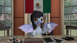 Size: 1280x720 | Tagged: safe, artist:batponyecho, derpibooru import, oc, oc only, oc:mitzy, bat pony, pony, 3d, bat pony oc, bat wings, book, chair, fangs, female, lawn mower, looking at you, mare, mexican flag, mexico, office, open smile, president, sitting, smiling, smiling at you, solo, source filmmaker, spread wings, table, window, wings