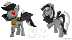 Size: 1280x720 | Tagged: safe, artist:batponyecho, derpibooru import, oc, oc only, oc:storm dancer, bat pony, pony, 3d, bandana, bat pony oc, bat wings, butt, looking at you, male, plot, raised tail, simple background, smiling, smiling at you, solo, source filmmaker, spread wings, stallion, tail, wings