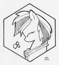 Size: 905x1000 | Tagged: safe, artist:abronyaccount, derpibooru import, oc, oc only, oc:azura peavielle, black and white, bust, cutie mark, female, grayscale, head only, hexagon, ink, ink drawing, inktober, inktober 2020, logo, mare, monochrome, necktie, signature, traditional art