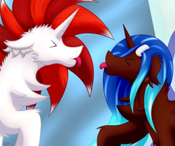 Size: 2783x2329 | Tagged: safe, artist:thebenalpha, derpibooru import, oc, oc:aine aisling, oc:ryoku memori, alicorn, alicorn oc, castle, fight, friendship, horn, simple background, tongue out, wings