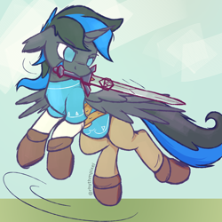 Size: 1500x1500 | Tagged: safe, artist:rhythmpixel, derpibooru import, oc, oc only, oc:blaze, alicorn, boots, clothes, male, pants, shoes, solo, stallion, sword, the legend of zelda, tunic, weapon