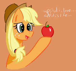 Size: 1080x1013 | Tagged: safe, anonymous artist, derpibooru import, applejack, earth pony, pony, /mlp/, apple, appul, dialogue, drawthread, food, requested art, simple background, solo