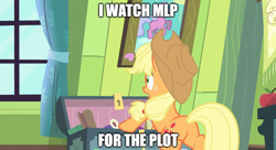 Size: 888x483 | Tagged: safe, derpibooru import, edit, edited screencap, screencap, applejack, earth pony, pony, somepony to watch over me, applebutt, butt, caption, i watch it for the plot, image macro, plot, solo, text, wordplay