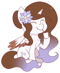Size: 2068x2520 | Tagged: safe, artist:jetjetj, derpibooru import, part of a set, oc, oc only, alicorn, pony, chibi, commission, female, flower, flower in hair, mare, simple background, sitting, smiling, solo, transparent background, ych result