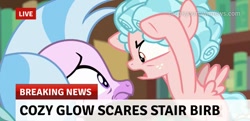 Size: 719x349 | Tagged: safe, derpibooru import, edit, edited screencap, screencap, cozy glow, silverstream, pegasus, pony, what lies beneath, birb, break your own news, breaking news