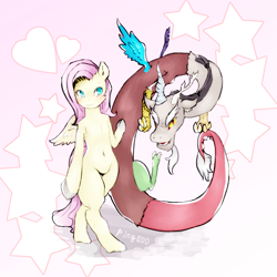 Size: 2000x2000 | Tagged: safe, artist:ping000, derpibooru import, discord, fluttershy, draconequus, pegasus, pony, semi-anthro, abstract background, belly button, duo, female, heart, male, mare