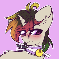 Size: 2000x2000 | Tagged: safe, artist:etoz, derpibooru import, oc, oc only, oc:agap, pony, unicorn, angry, bell, bell collar, blushing, cat bell, collar, cute, eyebrows, femboy, heart eyes, horn, looking away, male, multicolored hair, rainbow hair, simple background, solo, stallion, tsundere, unicorn oc, wingding eyes