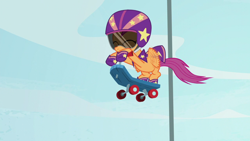 Size: 1280x720 | Tagged: safe, derpibooru import, screencap, scootaloo, pegasus, pony, bloom and gloom, female, filly, helmet, scooter