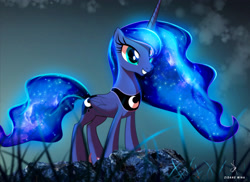 Size: 2960x2160 | Tagged: safe, artist:zidanemina, derpibooru import, princess luna, alicorn, pony, dawn, ethereal mane, female, grass, grin, mare, missing accessory, smiling, solo, starry mane