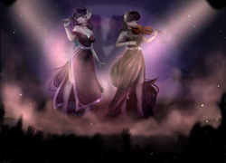 Size: 3200x2300 | Tagged: safe, artist:alicesmitt31, derpibooru import, coloratura, octavia melody, anthro, earth pony, unguligrade anthro, the mane attraction, black dress, clothes, countess coloratura, dress, duet, duo focus, eyes closed, female, mare, musical instrument, performance, see-through, side slit, singing, total sideslit, violin