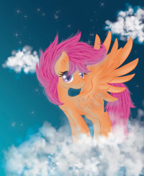 Size: 810x990 | Tagged: safe, artist:avelineh, derpibooru import, scootaloo, pegasus, pony, cloud, female, older, older scootaloo, scootaloo can fly, spread wings, wings