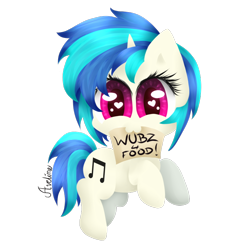 Size: 750x750 | Tagged: safe, artist:avelineh, derpibooru import, dj pon-3, vinyl scratch, pony, unicorn, chibi, cute, daaaaaaaaaaaw, female, heart eyes, mouth hold, sign, simple background, solo, transparent background, wingding eyes