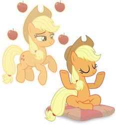 Size: 4568x4905 | Tagged: safe, artist:anime-equestria, derpibooru import, applejack, earth pony, pony, apple, applejack's hat, cowboy hat, eyes closed, female, floating, food, hat, levitation, magic, mare, meditating, meditation, pillow, ponytail, relaxing, simple background, smiling, telekinesis, transparent background, vector