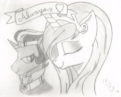 Size: 5880x4734 | Tagged: safe, artist:thefortuitousartist, derpibooru import, idw, king sombra, princess celestia, alicorn, pony, unicorn, 2014, celestibra, female, good king sombra, male, shipping, signature, straight, traditional art