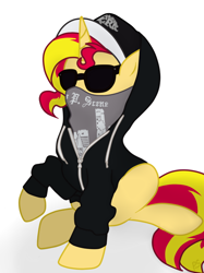 Size: 600x802 | Tagged: safe, artist:pinkamenascratch, derpibooru import, sunset shimmer, pony, unicorn, charlie scene, clothes, female, hollywood undead, hoodie, mask, simple background, solo, sunglasses