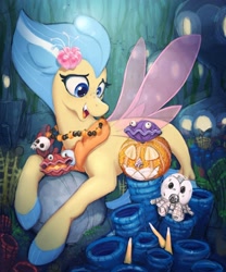 Size: 3439x4129 | Tagged: safe, artist:selenophile, derpibooru import, princess skystar, seapony (g4), my little pony: the movie, alternate hairstyle, blue eyes, detailed background, fangs, female, fin wings, fins, fish tail, flower, flower in hair, freckles, halloween, holiday, jewelry, necklace, nightmare night, open mouth, pearl necklace, pumpkin, shelldon, shells, shelly, solo, underwater, water, wings