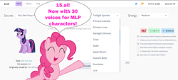 Size: 2000x906 | Tagged: safe, artist:slb94, derpibooru import, edit, edited screencap, screencap, apple bloom, lyra heartstrings, pinkie pie, princess celestia, princess luna, scootaloo, spike, starlight glimmer, sweetie belle, trixie, twilight sparkle, alicorn, dragon, earth pony, pony, advertising, excited, eyes closed, fifteen.ai, open mouth, raised hoof, speech bubble, tara strong, vector, website