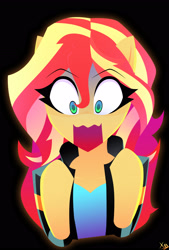 Size: 2130x3156 | Tagged: safe, artist:xan-gelx, derpibooru import, sunset shimmer, equestria girls, black background, hooves, human to pony, open mouth, shocked, simple background, solo, transformation, wide eyes