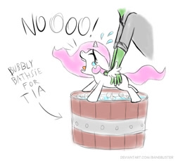 Size: 522x478 | Tagged: safe, artist:banebuster, derpibooru import, princess celestia, alicorn, pony, adorable distress, bath, bath time, bucket, cewestia, crying, cute, female, filly, forced bathing, pink-mane celestia, simple background, tiny, tiny ponies, water, white background, younger