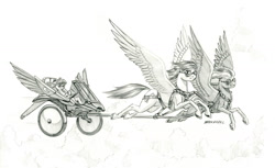 Size: 1500x916 | Tagged: safe, artist:baron engel, derpibooru import, apple bloom, oc, earth pony, pegasus, pony, chariot, female, filly, flying, goggles, monochrome, pencil drawing, story included, traditional art