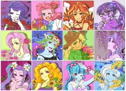 Size: 2048x1481 | Tagged: safe, artist:5mmumm5, derpibooru import, adagio dazzle, applejack, aria blaze, fluttershy, pinkie pie, rainbow dash, rarity, sci-twi, sonata dusk, starlight glimmer, sunset shimmer, trixie, twilight sparkle, equestria girls, alternate hairstyle, bust, cute, female, flower, flower in hair, flower in mouth, hibiscus, humane five, humane seven, humane six, lavender, lily (flower), looking at you, mouth hold, one eye closed, open mouth, rose, sunflower, the dazzlings, tulip, wink