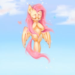 Size: 2048x2048 | Tagged: safe, artist:annie39367262, derpibooru import, fluttershy, butterfly, pegasus, pony, cloud, cute, eyes closed, female, flower, flying, high res, mare, shyabetes, sky, solo, spread wings, wings