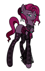 Size: 605x959 | Tagged: safe, artist:j053ph-d4n13l, derpibooru import, fizzlepop berrytwist, tempest shadow, oc, oc:fizzlepop berryfield, pony, unicorn, alternate hairstyle, alternate universe, broken horn, clothes, commission, ear piercing, earring, eye scar, female, fishnet clothing, fishnets, hat, horn, jewelry, mare, missing cutie mark, piercing, scar, simple background, solo, stockings, thigh highs, transparent background