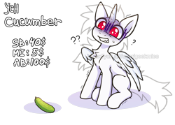 Size: 2800x2000 | Tagged: safe, artist:gicme, derpibooru import, advertisement, chest fluff, commission, confused, cucumber, food, horn, meme, panic, question, red eyes, simple background, solo, transparent background, wings, ych example, your character here