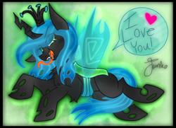 Size: 900x650 | Tagged: safe, artist:junko, derpibooru import, queen chrysalis, changeling, changeling queen, accessories, chest fluff, cute, cutealis, dialogue, eye clipping through hair, fangs, female, floppy ears, green background, heart, i love you, long tongue, lying down, mare, signature, simple background, smiling, smirk, solo, tail between legs, tongue out