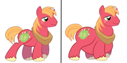 Size: 2000x1000 | Tagged: safe, artist:rhudafuckinrabbit, derpibooru import, edit, edited screencap, screencap, big macintosh, earth pony, pony, before and after, bhm, bigger macintosh, fat, fat edit, male, simple background, solo, stallion, transparent background, weight gain