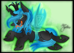 Size: 900x650 | Tagged: safe, artist:junko, derpibooru import, queen chrysalis, changeling, changeling queen, accessories, chest fluff, cute, cutealis, eye clipping through hair, fangs, female, floppy ears, green background, long tongue, lying down, mare, signature, simple background, smiling, smirk, solo, tail between legs, tongue out