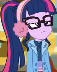 Size: 1619x2045 | Tagged: safe, derpibooru import, screencap, sci-twi, twilight sparkle, better together, equestria girls, holidays unwrapped, blizzard or bust, buttons, canterlot high, clothes, coat, cropped, cute, earmuffs, female, glasses, jacket, lidded eyes, long sleeves, looking down, outdoors, ponytail, scarf, shirt, solo, twiabetes, undershirt, winter outfit