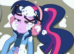 Size: 2808x2045 | Tagged: safe, derpibooru import, screencap, sci-twi, twilight sparkle, better together, equestria girls, holidays unwrapped, blizzard or bust, buttons, canterlot high, clothes, coat, concrete, cropped, cute, earmuffs, female, glasses, jacket, lidded eyes, long sleeves, outdoors, ponytail, scarf, shirt, snow, solo, twiabetes, undershirt, walkway