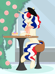 Size: 1801x2408 | Tagged: safe, artist:thieeur-nawng, derpibooru import, pony, unicorn, base used, beret, coffee, food, france, hat, nation ponies, outdoors, plant, ponified, sitting, solo, stool, table